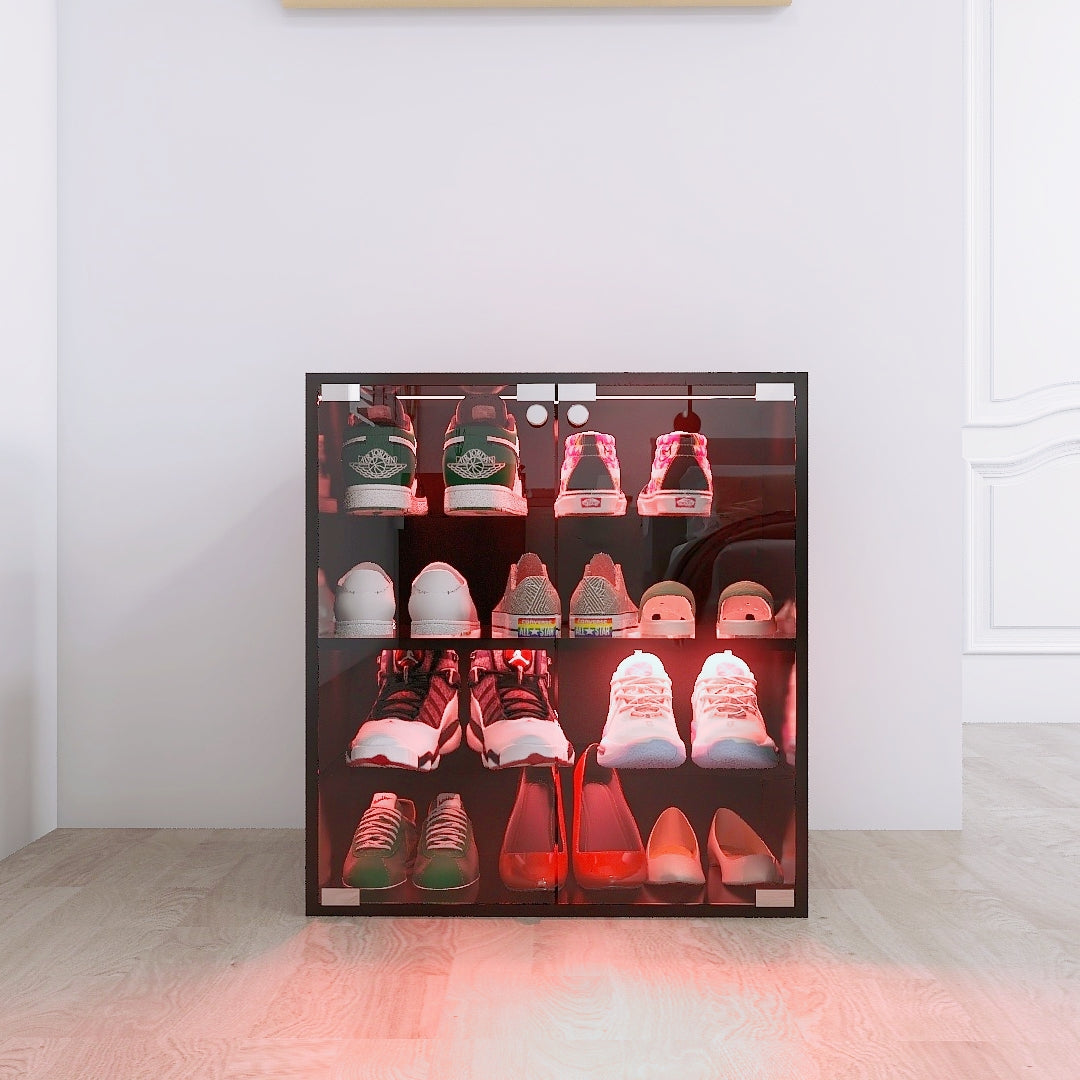 4 Layers Black Shoe Cabinet with Glass Door and Glass Layer Shoes Display Cabinet with LED light Bluetooth Control - Korvel