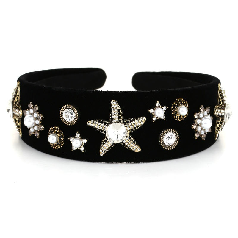 Fashionable velvet pearl black starfish hairband - Korvel