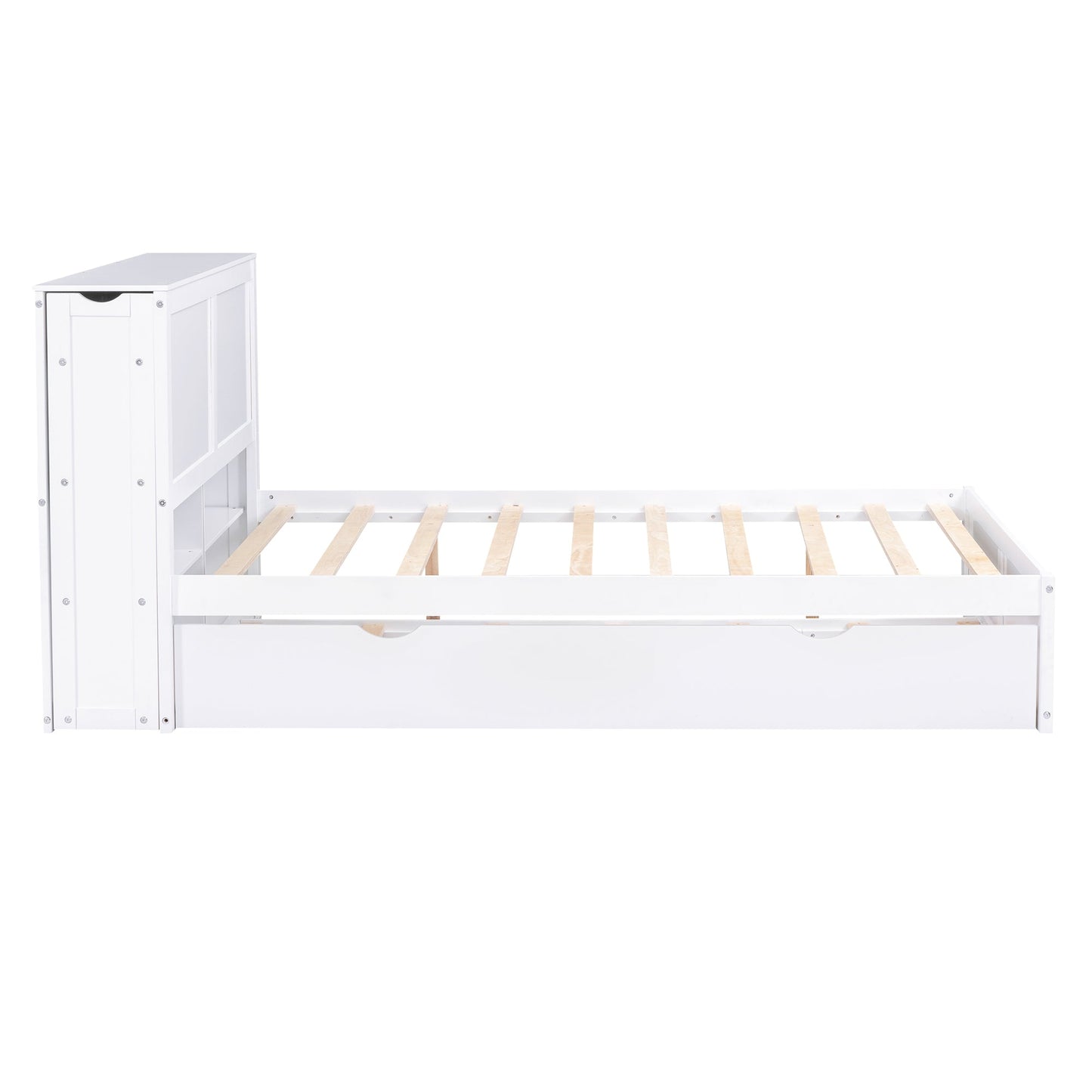 Full Size Storage Platform Bed with Pull Out Shelves and Twin Size Trundle, White - Korvel