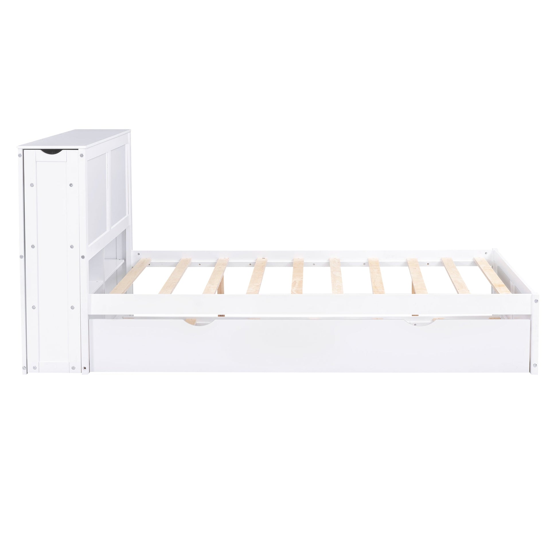 Full Size Storage Platform Bed with Pull Out Shelves and Twin Size Trundle, White - Korvel
