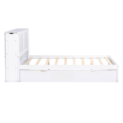 Full Size Storage Platform Bed with Pull Out Shelves and Twin Size Trundle, White - Korvel