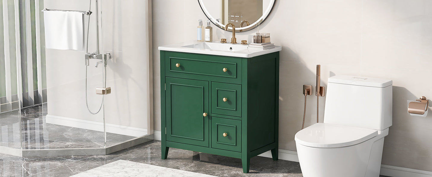Vanidad de baño verde de 30" con lavabo y almacenamiento