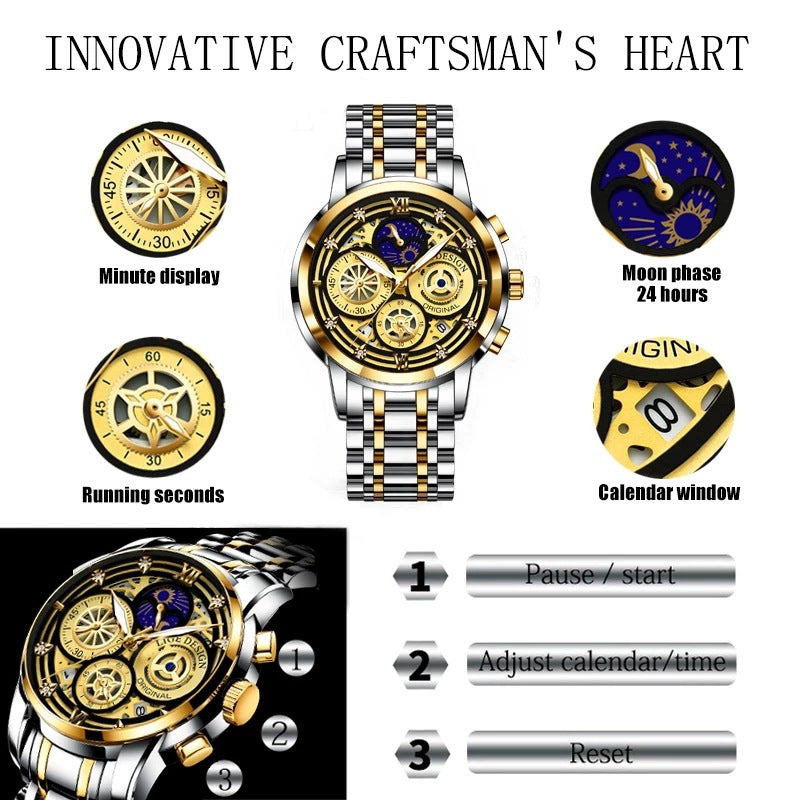 Montre à quartz squelettique multifonctionnelle pour hommes - Étanche