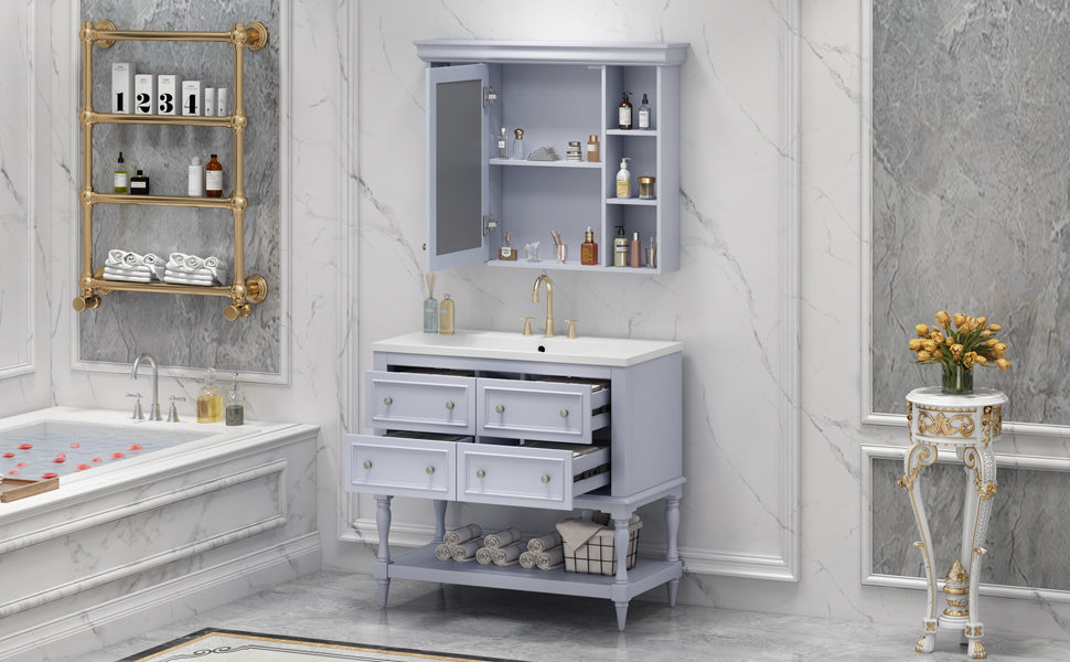 36'' Bathroom Vanity with Medicine Cabinet, Modern Mirror Cabinet with Adjustable Shelf, Bathroom Storage Cabinet with 4 Drawers - Korvel