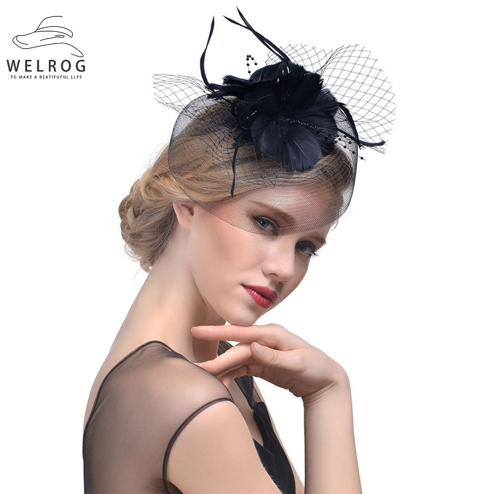 WELROG Feather Cap Lady Cocktail Dinner Party Fedoras Wedding Bridal Mesh Veil Hats Vintage Sombreros Chapeau Fascinators Hat - Korvel