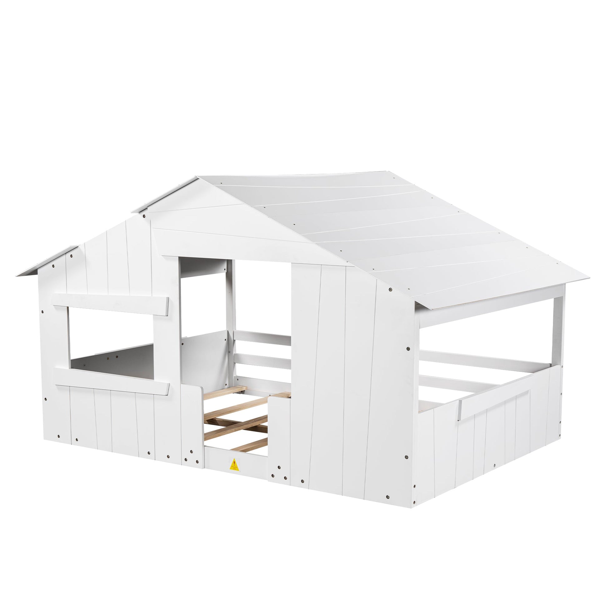 Wood Full Size House Bed with Roof, Window and Guardrail White - Korvel