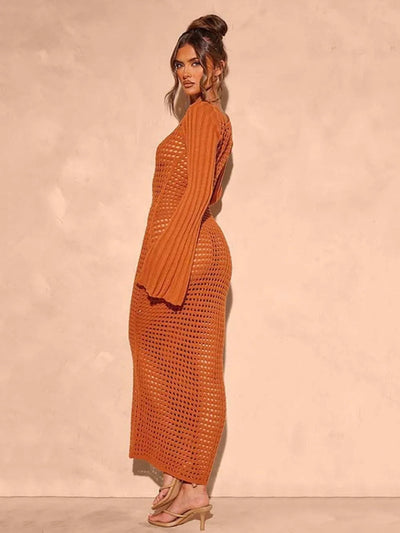 Openwork Square Neck Flare Sleeve Cover-Up Dress - Korvel