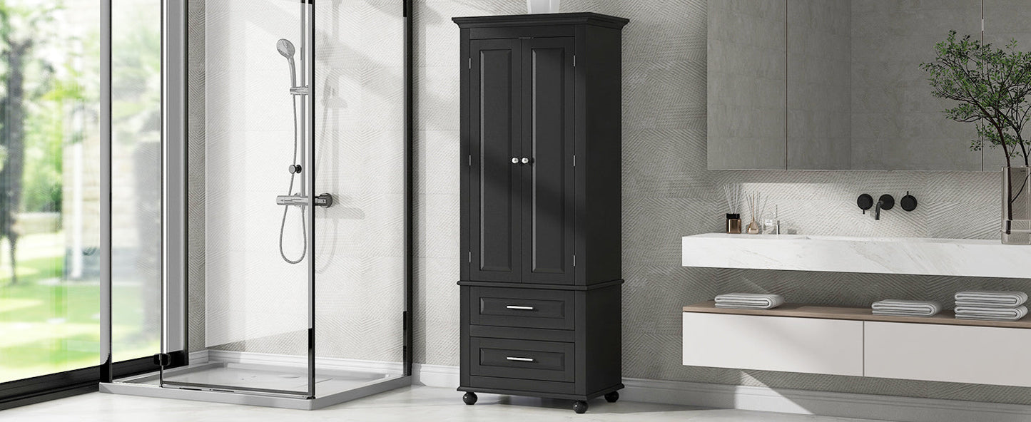 Tall Storage Cabinet with Two Drawers for Bathroom/Office, Black - Korvel