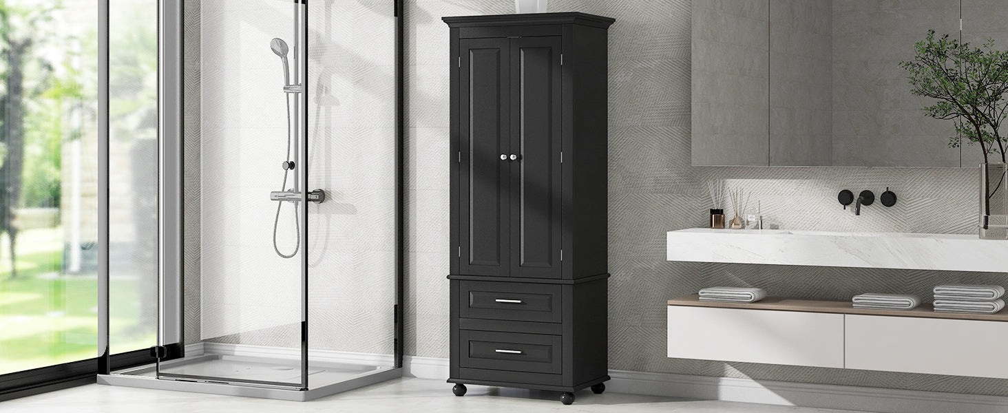 Tall Storage Cabinet with Two Drawers for Bathroom/Office, Black - Korvel