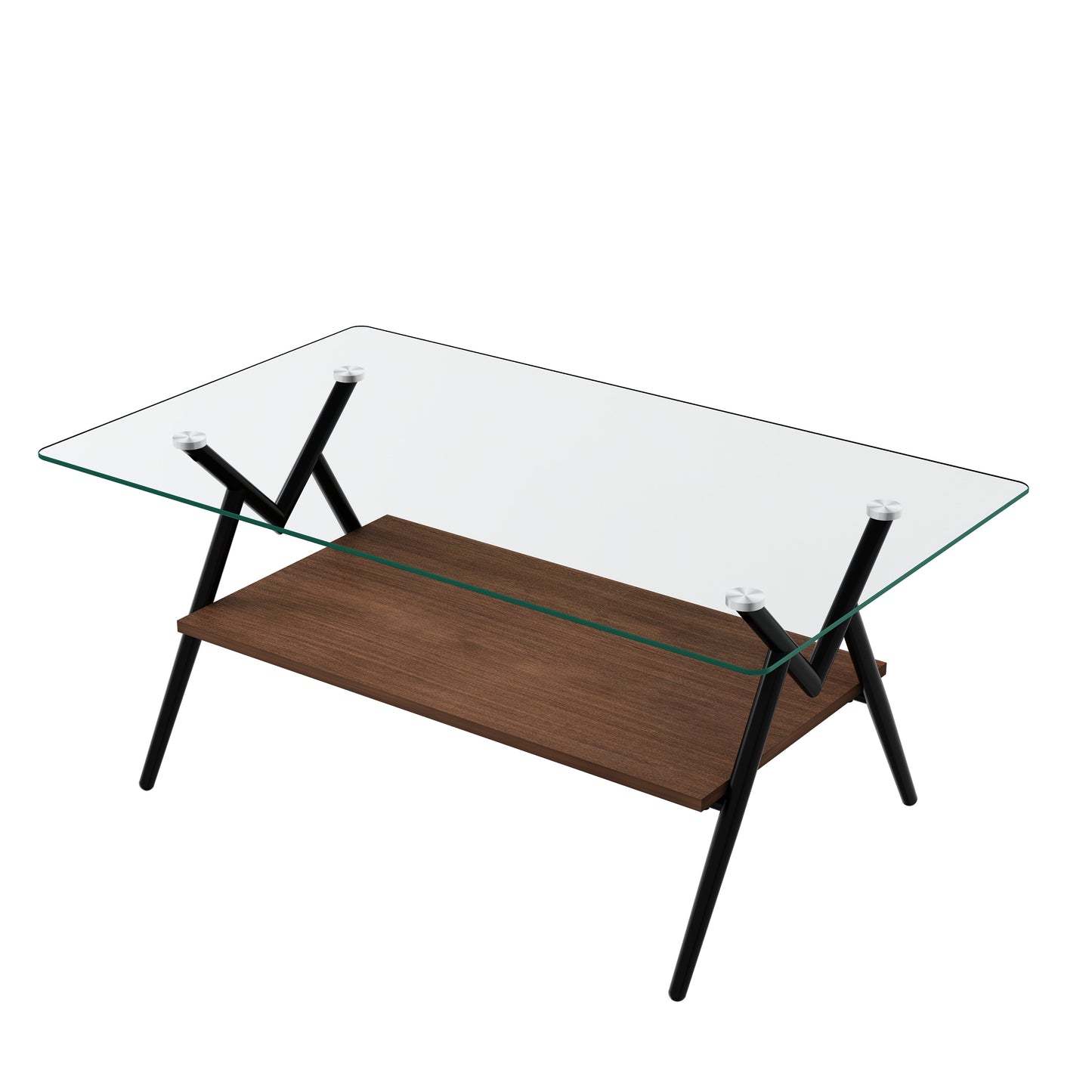 Rectangle Coffee Table with Tempered Glass top and Black Metal Legs, Modern Table for Living Room , Transparent Glass - Korvel