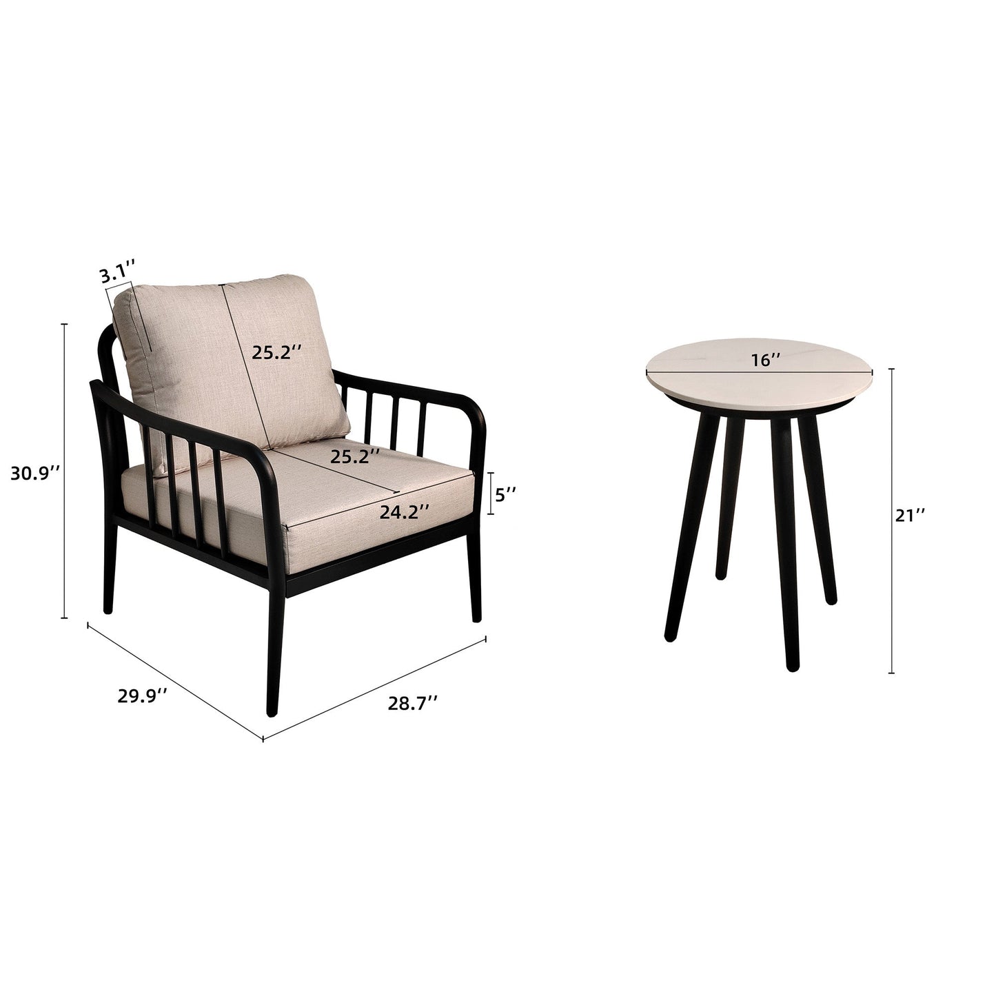 Ensemble de chaises longues de patio en aluminium 3 pièces avec table d'appoint