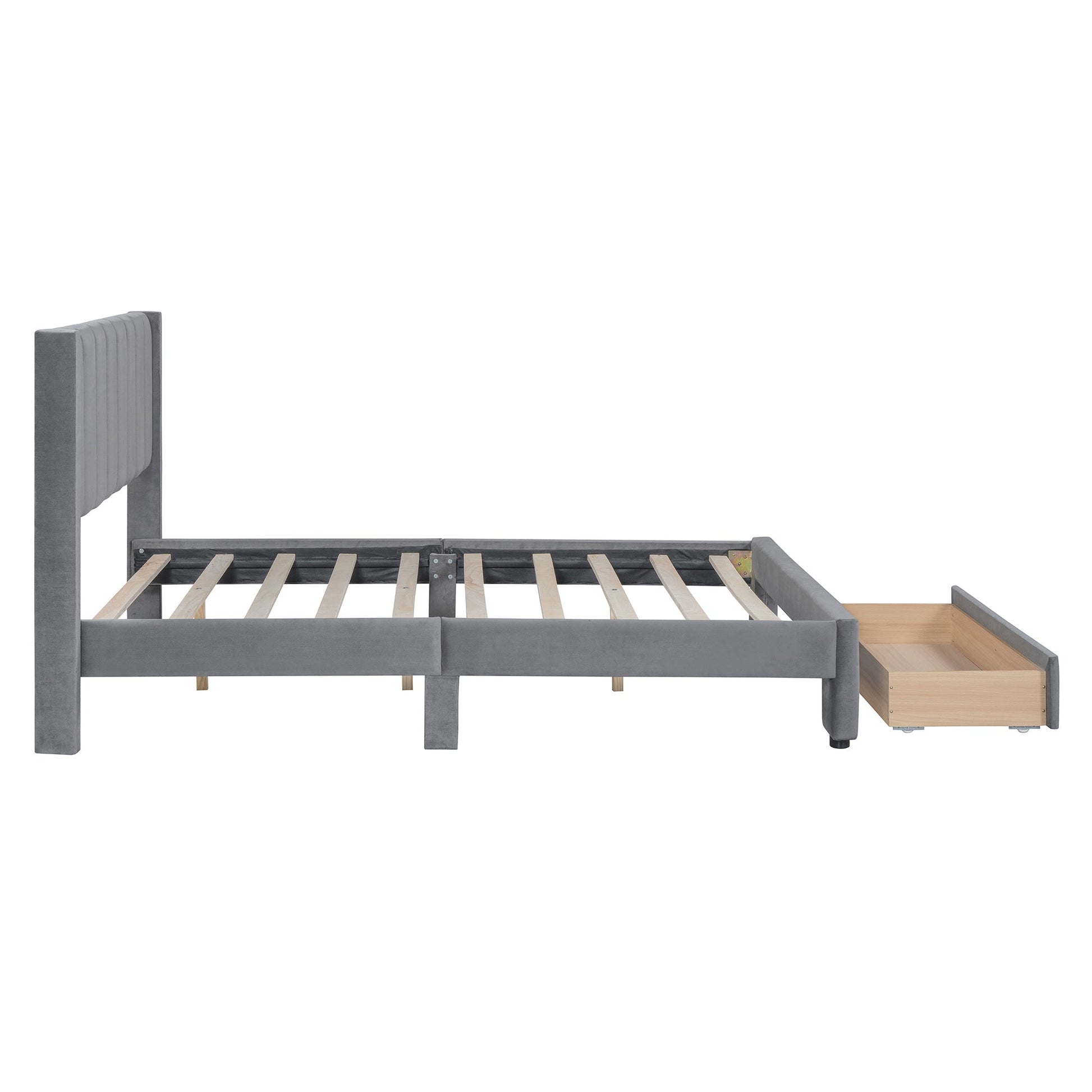 Full Size Storage Bed Velvet Upholstered Platform Bed with a Big Drawer - Gray - Korvel