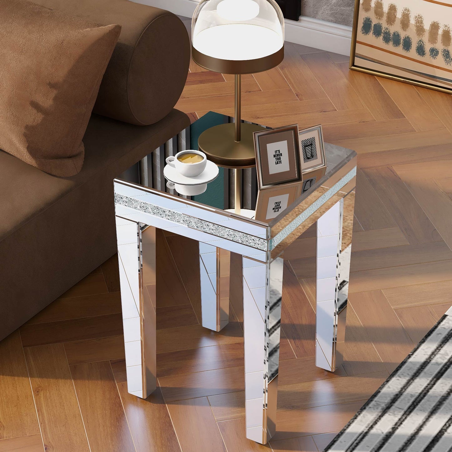 ON-TRANS glass mirror edge table, easy to assemble crystal design and adjustable height leg edge table, silver - Korvel