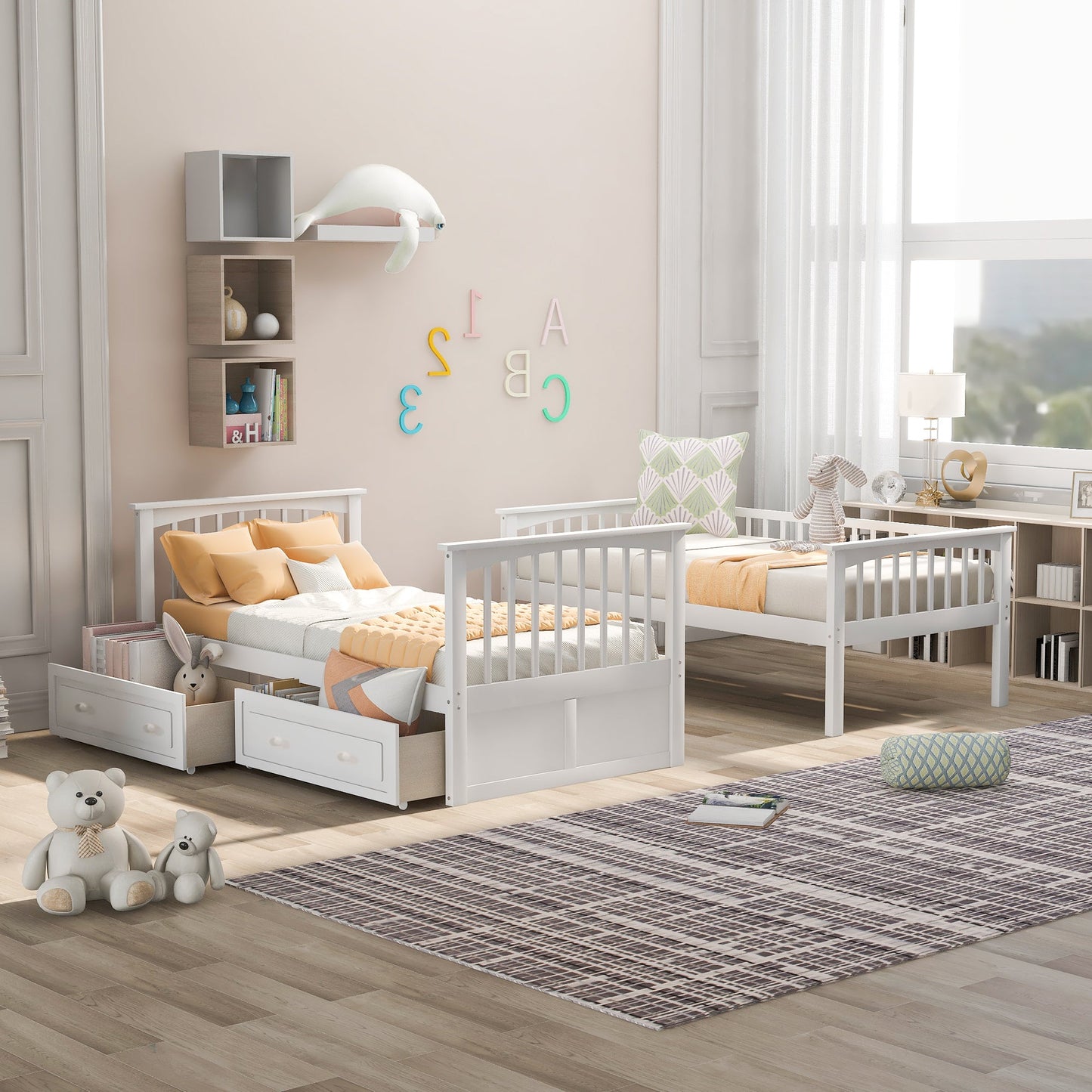 Cama litera de dos camas individuales con cajones - Blanca convertible