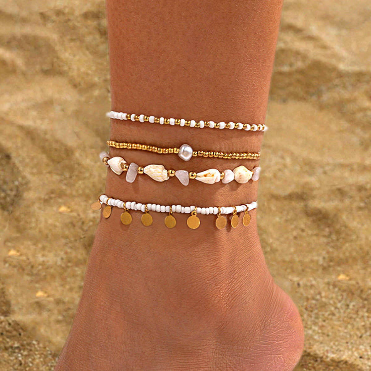 Conjunto de Tobilleras Elegantes de Perlas de Arroz Circulares para Playa - 3 Piezas
