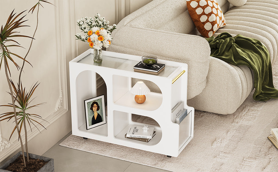 Table d'appoint mobile élégante avec roues verrouillables et verre trempé