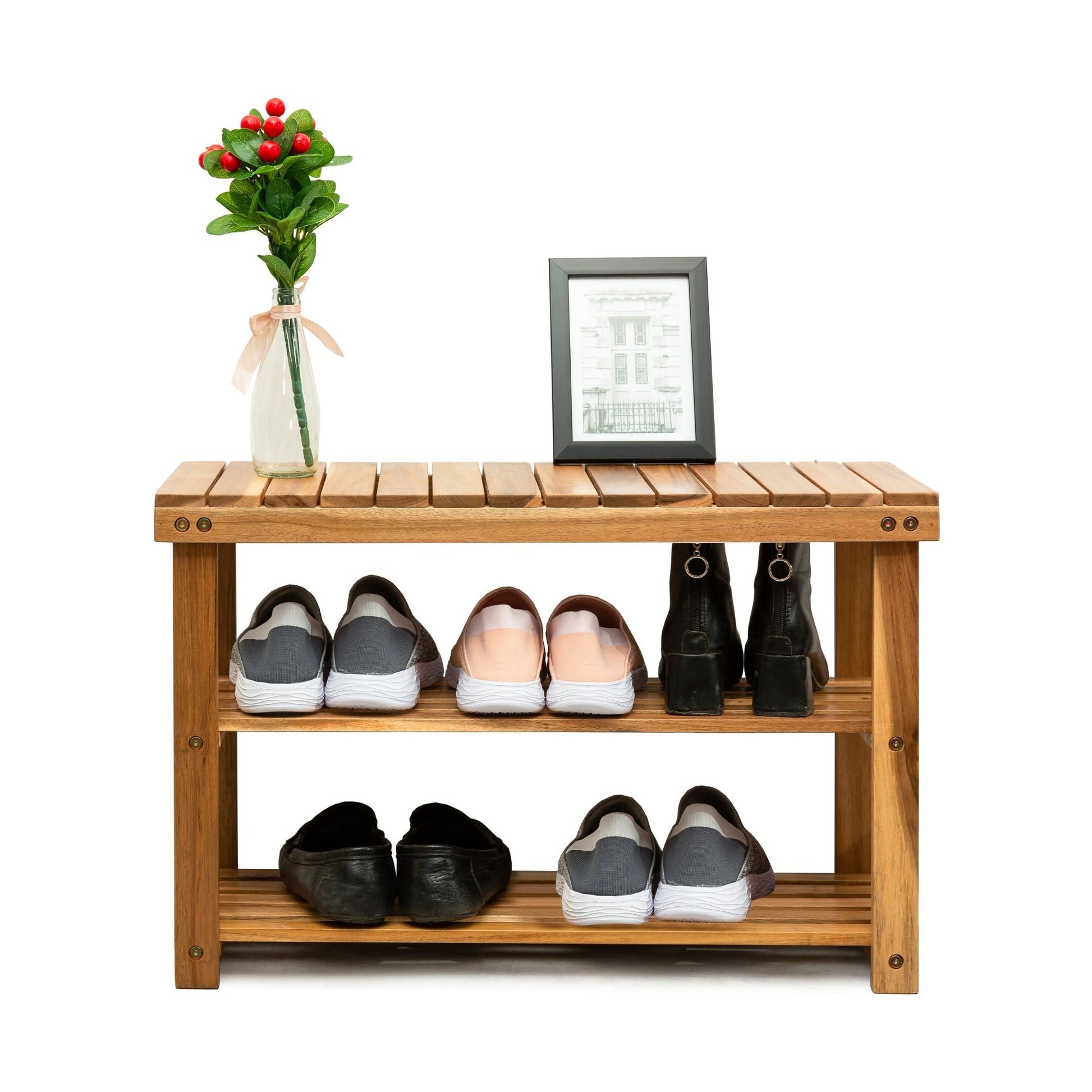 Acacia Wood Shoe Rack Bench Strong Weight Bearing Upto 200 LBS Best Ideas For Entryway Frontdoor Bathroom, Natural Color. - Korvel