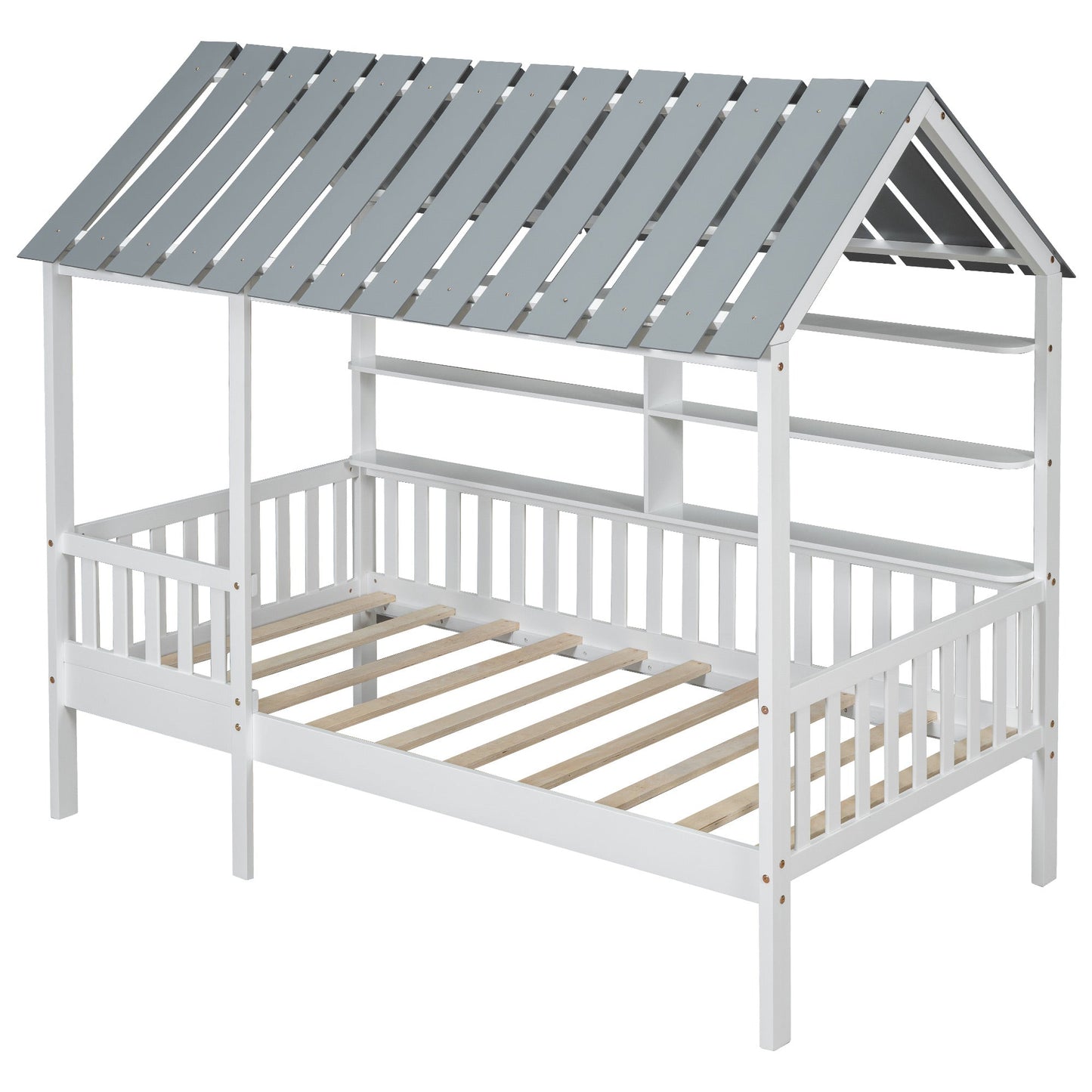 Wood Twin Size House Bed with Roof, Guardrail and Shelves, White - Korvel