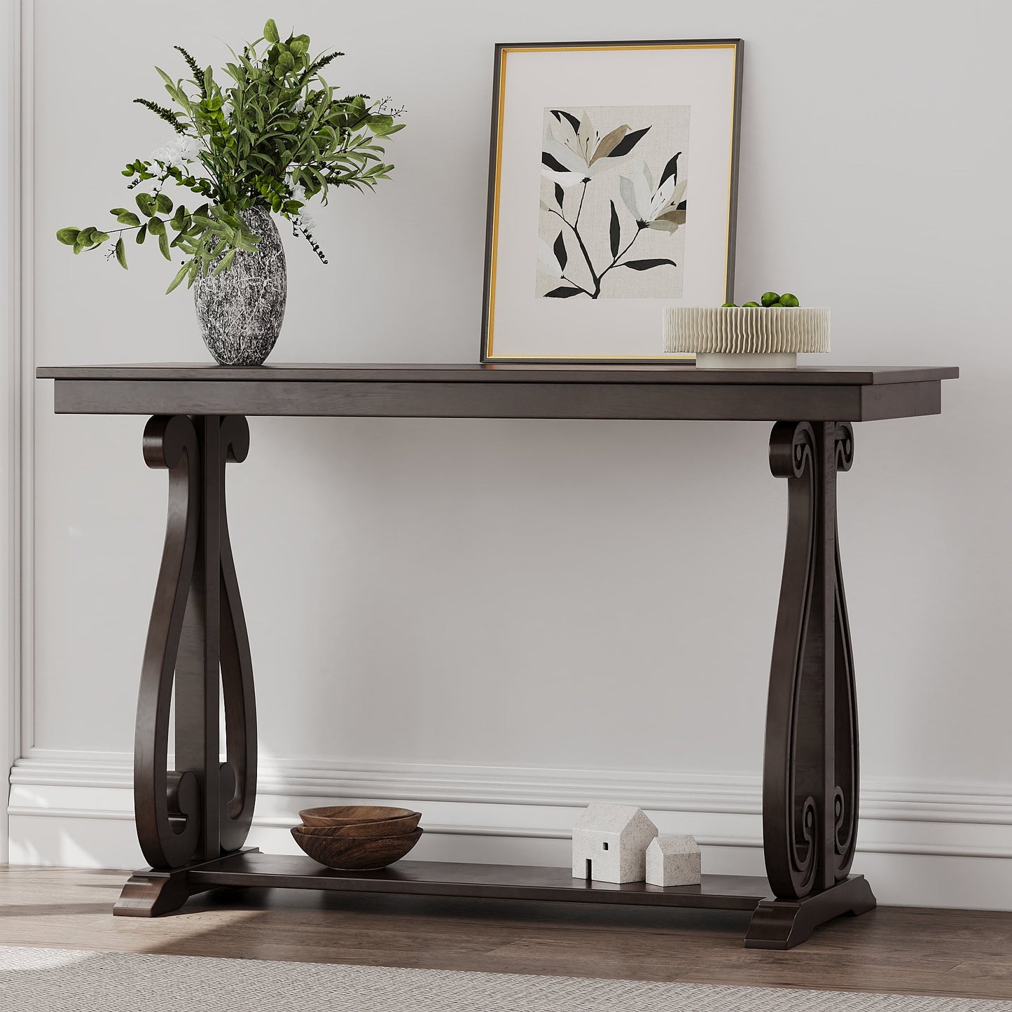 48-Inch Rustic Vintage Console Table --- Farmhouse Style Entryway Table with Open Shelf and Sturdy Construction  (Espresso) - Korvel
