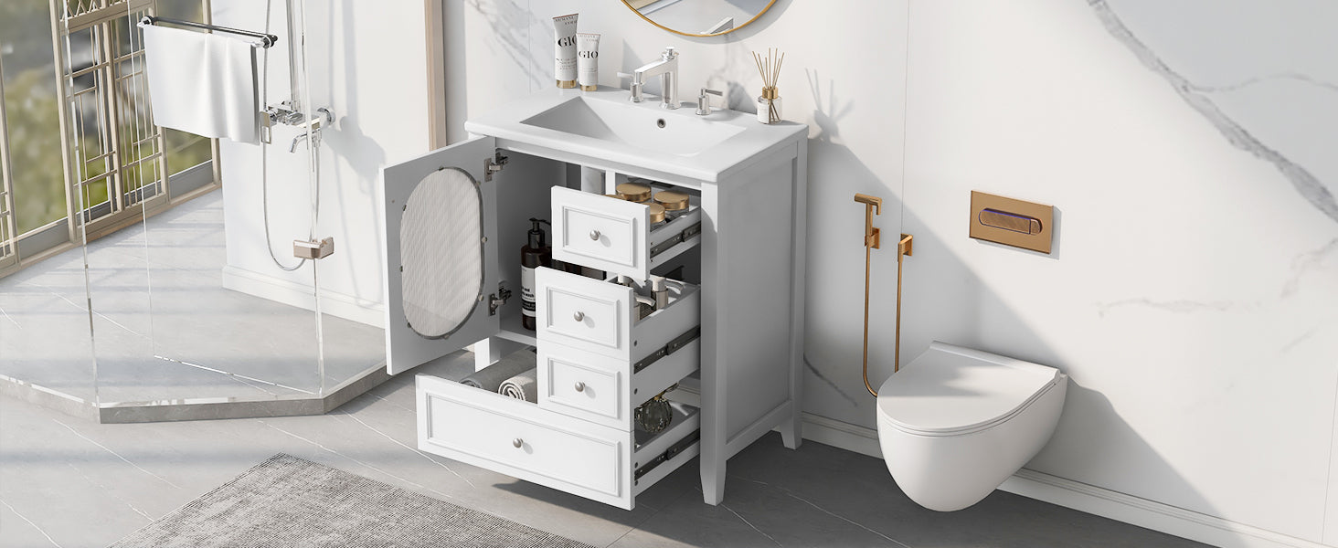 30" Bathroom Vanity with Sink, Bathroom Vanity Cabinet with Three Drawers and Door, Solid Wood and MDF, White - Korvel