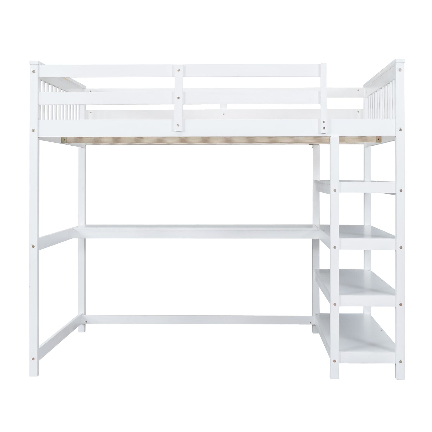 Full Size Loft Bed with Storage Shelves and Under-bed Desk  White - Korvel