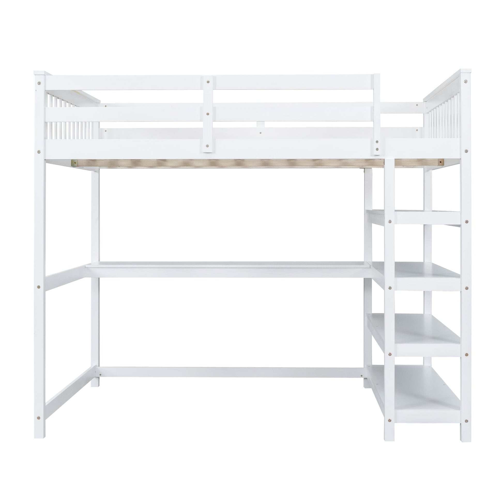 Full Size Loft Bed with Storage Shelves and Under-bed Desk  White - Korvel
