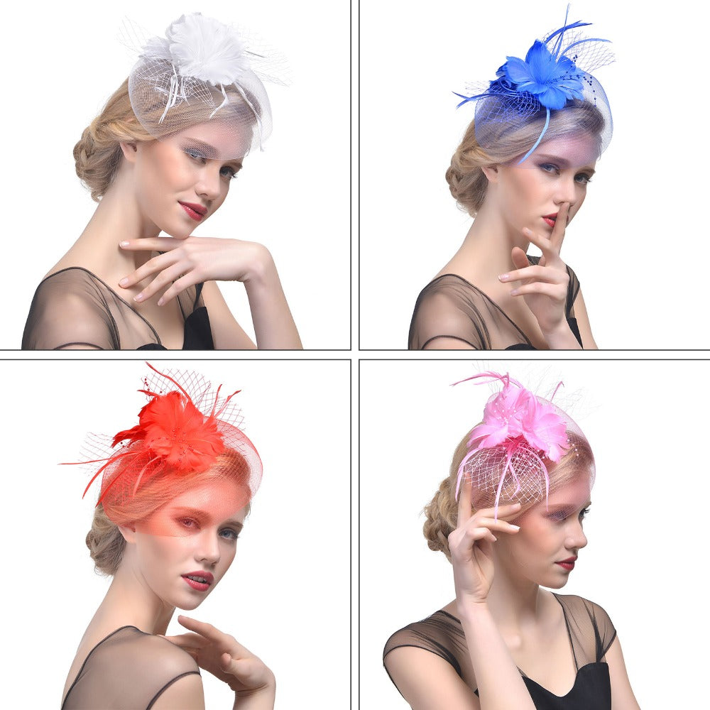 WELROG Feather Cap Lady Cocktail Dinner Party Fedoras Wedding Bridal Mesh Veil Hats Vintage Sombreros Chapeau Fascinators Hat - Korvel