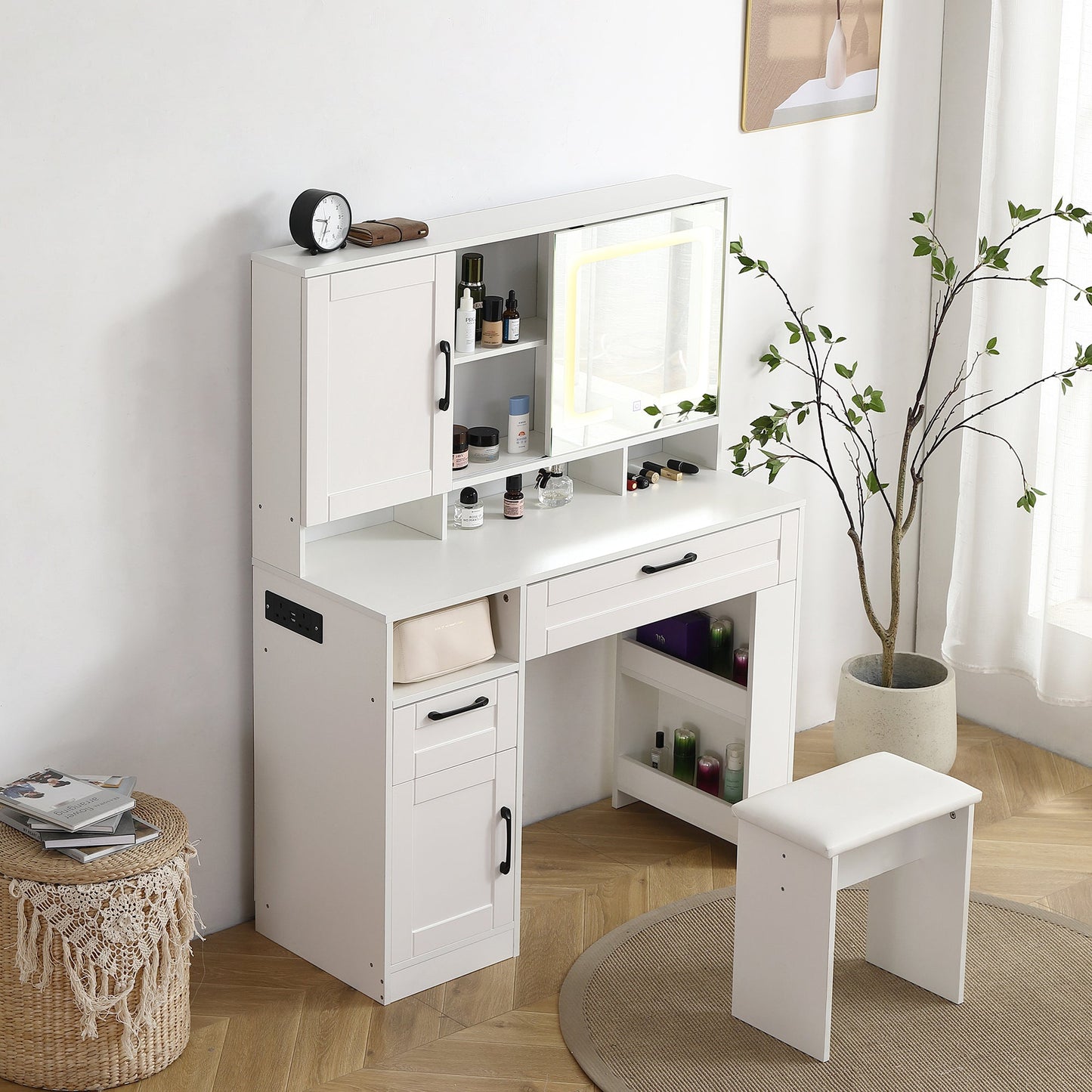 Vanity table with large sliding lighted mirror dressing table with 2 drawers storage shelves and upholstered stool white color - Korvel