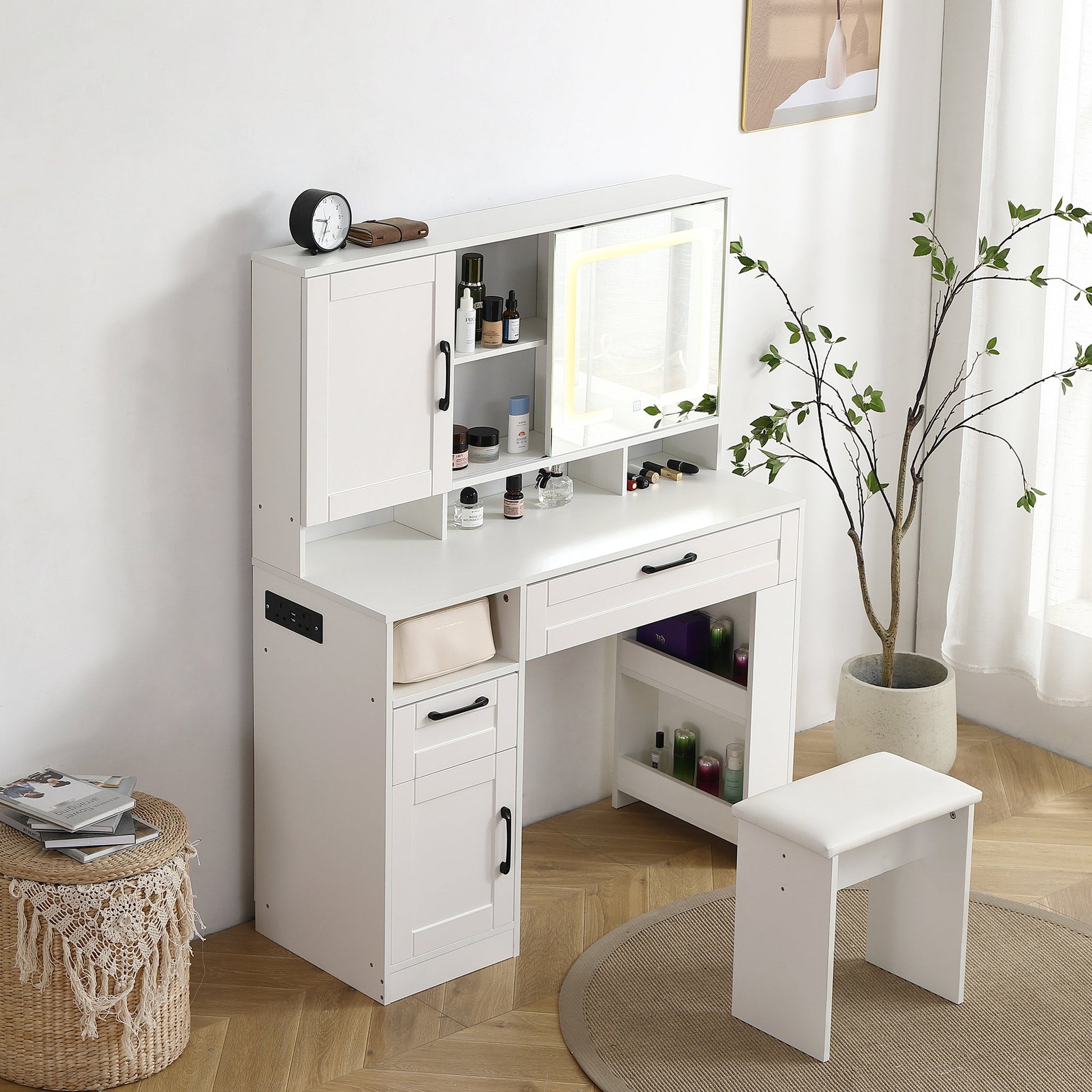 Vanity table with large sliding lighted mirror dressing table with 2 drawers storage shelves and upholstered stool white color - Korvel