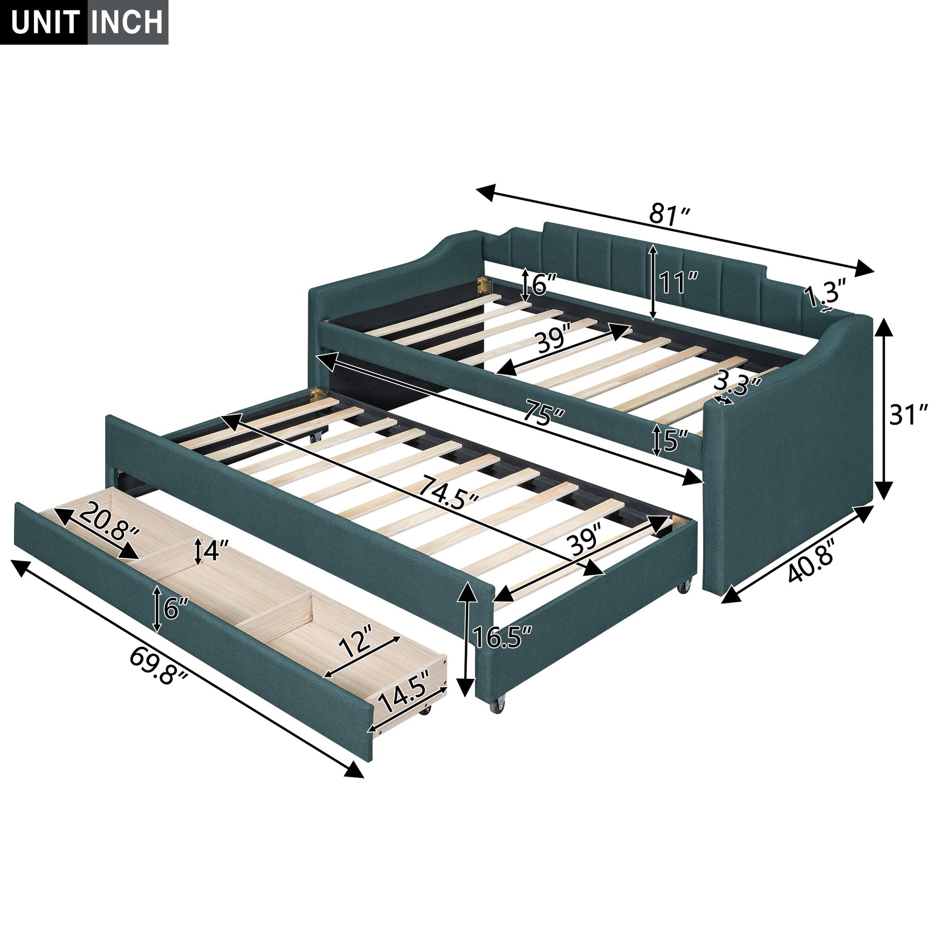 Twin Size Upholstered Daybed with Trundle and Three Drawers,Green - Korvel