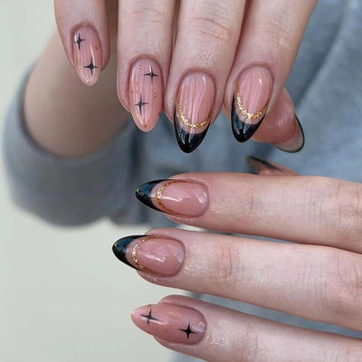 Sweet cool black French flash gold powder almond nails European and American fake nails removable nail pieces - Korvel