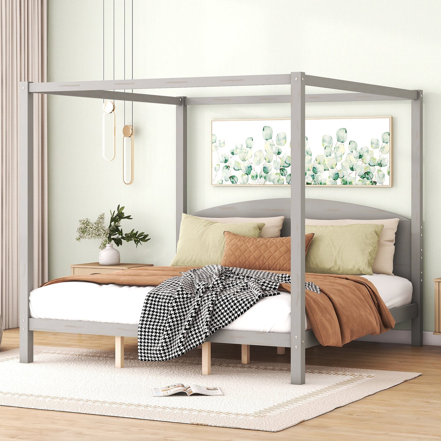 King Size Canopy Platform Bed with Headboard and Support Legs, Grey Wash - Korvel