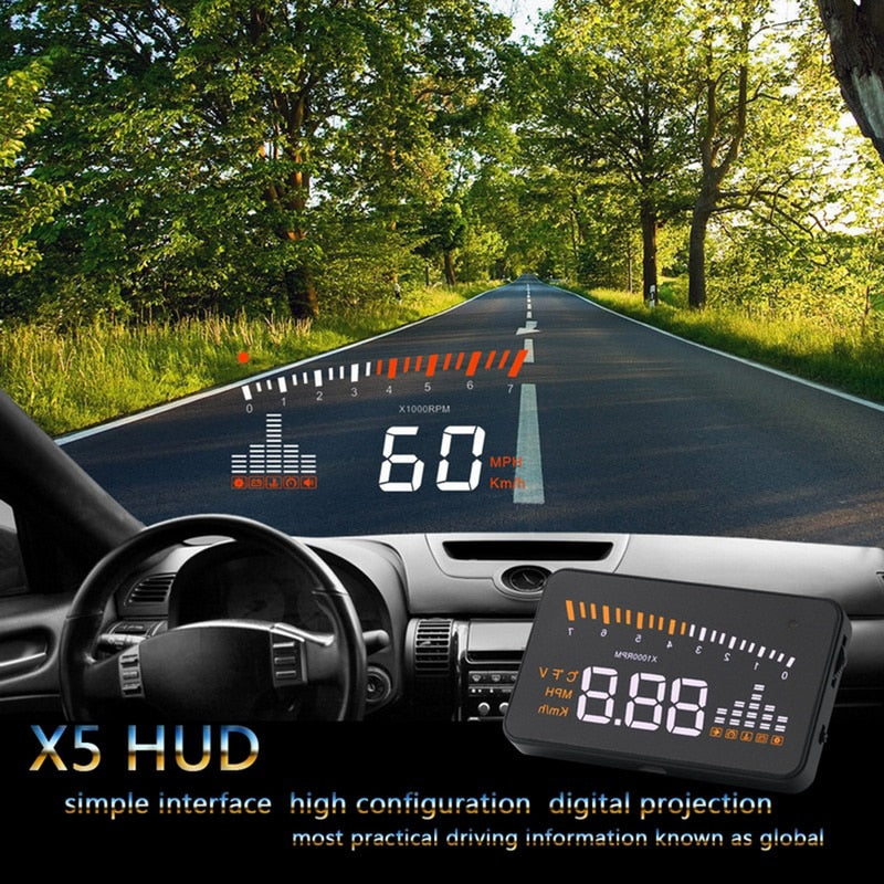 X5 Car HUD Head Up Display OBD II EOBD Automatic Matching Overspeed Warning System Projector Windshield Car Voltage Speed Alarm - Korvel