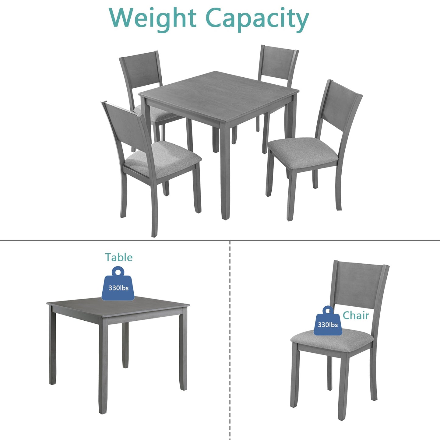 Ensemble de salle à manger moderne 5 pièces avec chaises rembourrées - Gris