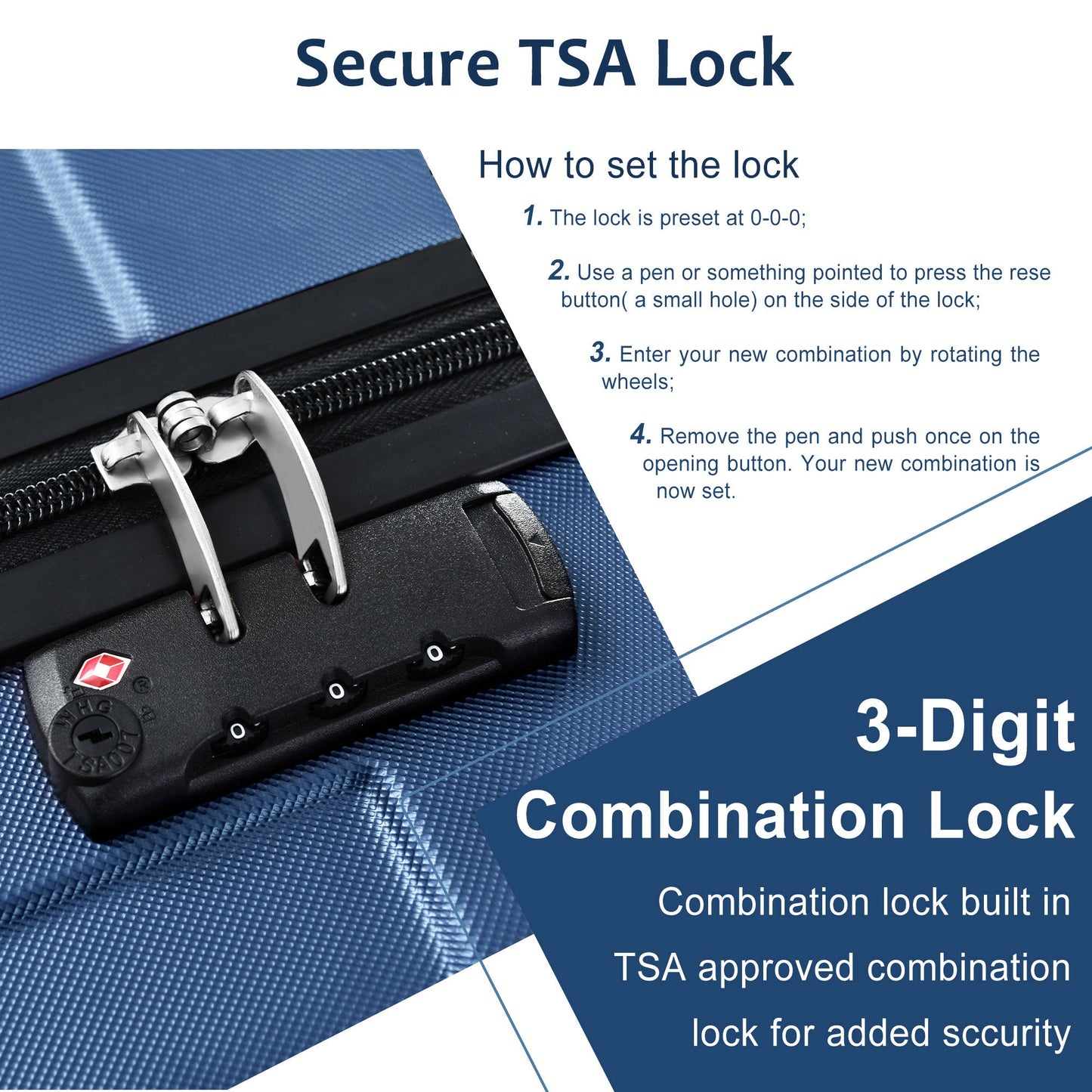 Premium 3-Piece Hardshell Luggage Set with TSA Lock - Blue