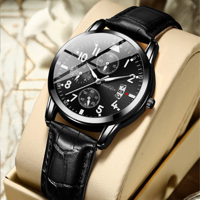 New Men's Watch Student Men's Night Light Waterproof Sports Leather Strap Black Quartz Watch - Korvel