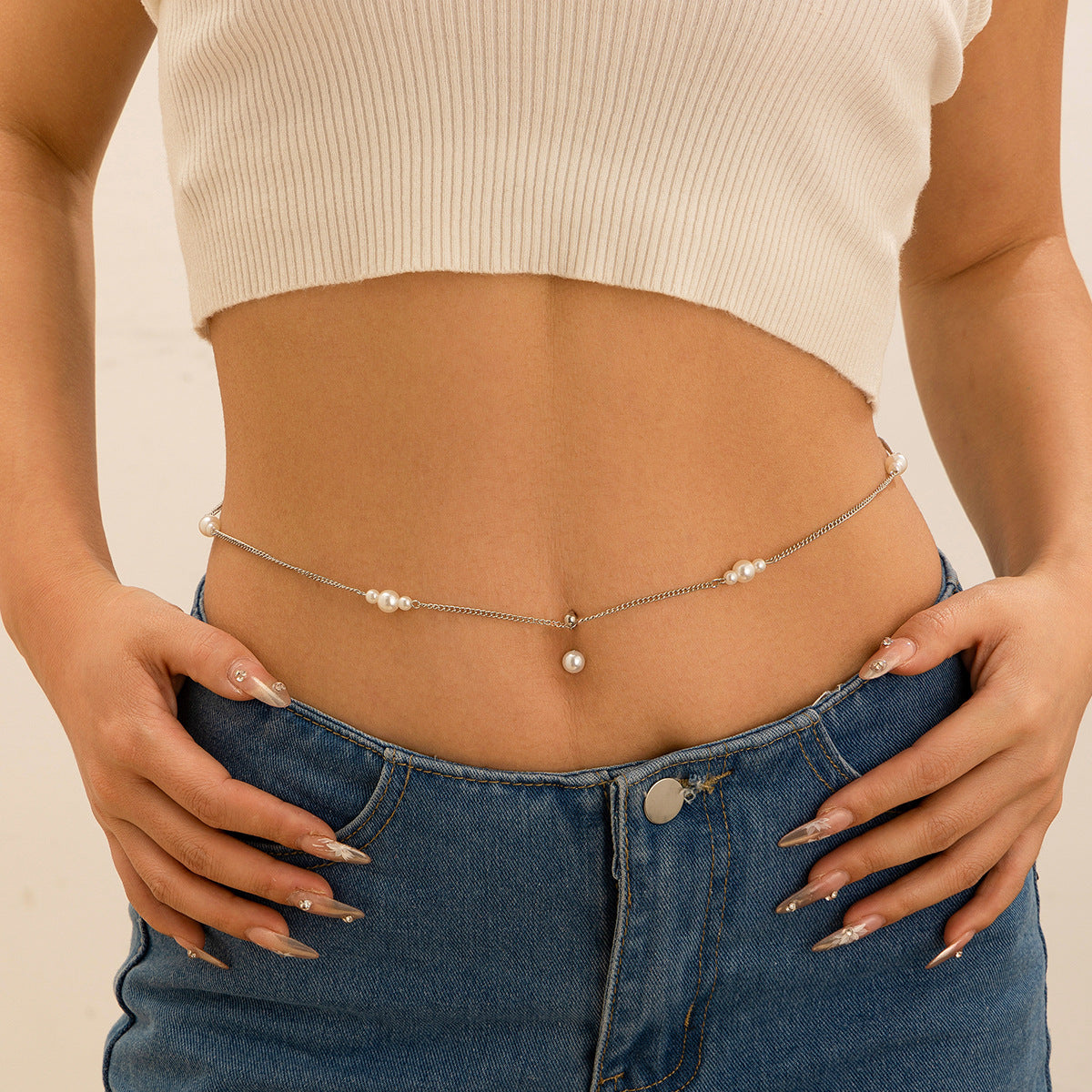 Elegant Zircon Navel Nail Body Chain with Imitation Pearls