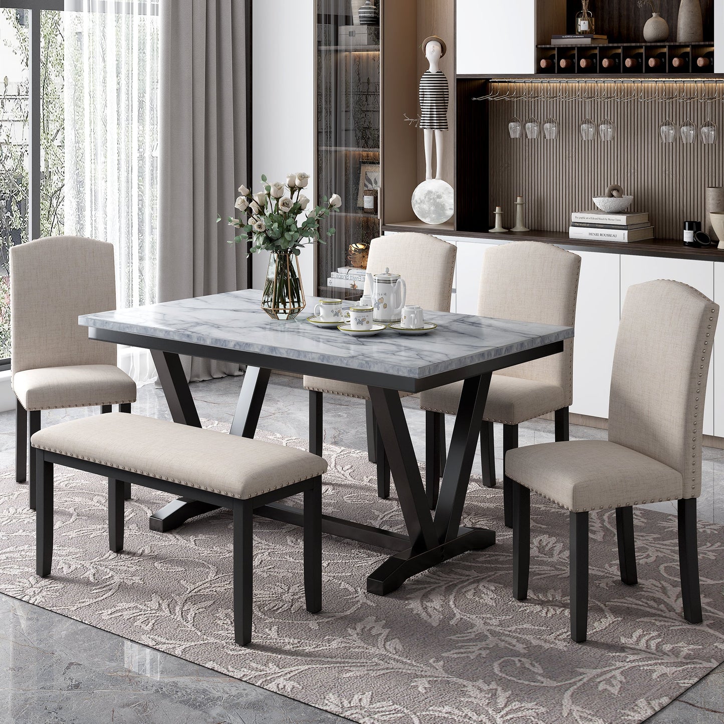 Ensemble de salle à manger moderne TREXM en 6 pièces avec table, chaises et banc