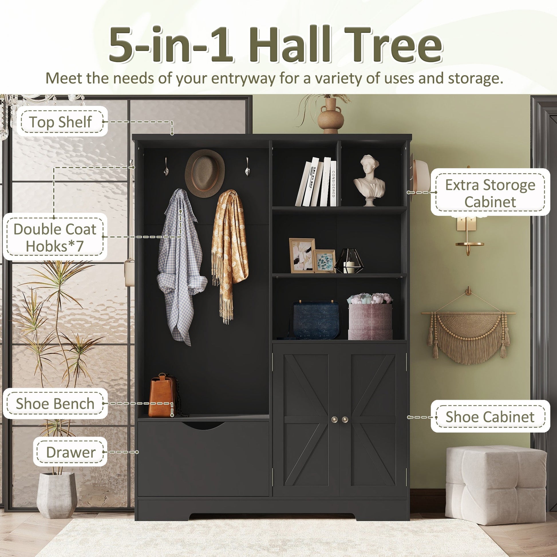 Multi-functional Hall Tree with Storage Shelves Drawers and Cabinet, Elegant Hallway Shoe Cabinet with Bench Modern Black - Korvel