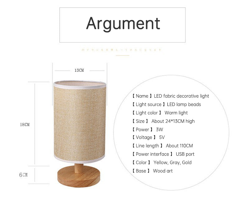 Linen Table Lamp LED Linen Night Lamp w/Warm White Light Linen Nightstand Lamp USB Powered Wooden Beside Lamp - Korvel