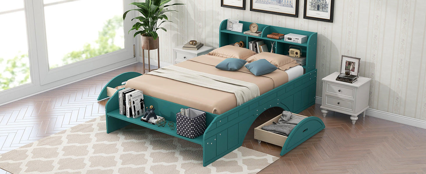 Wood Full Size Platform Bed with 2 Drawers, Storage Headboard and Footboard, Dark Green - Korvel