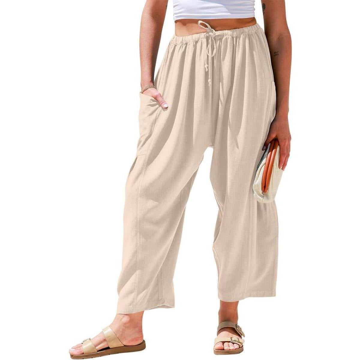 Pantalons larges en coton et lin taille haute pour femmes