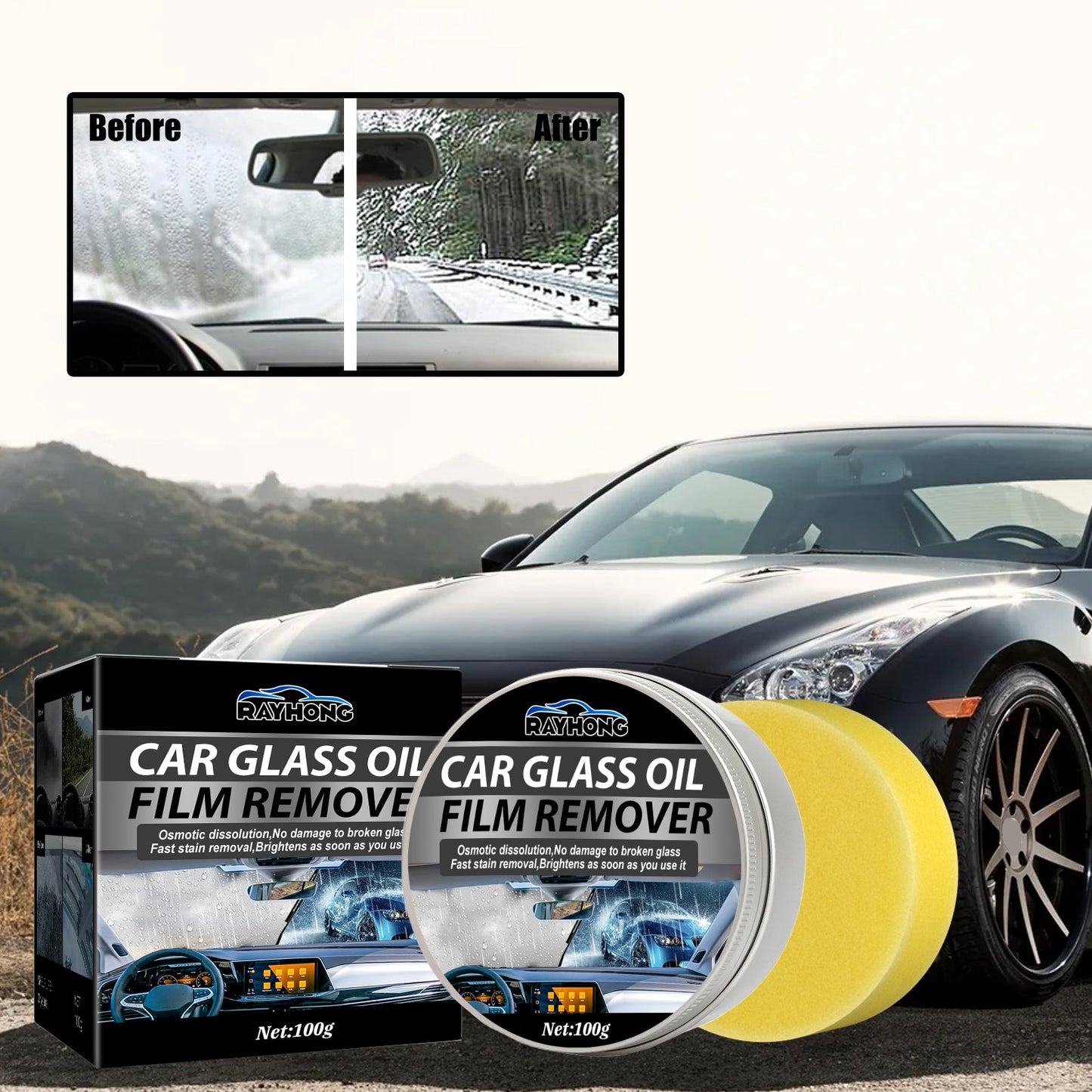 Car Glass Oil Film Remover, Rain Mist Smeary Clean Car Windscreen Cleaner - Korvel