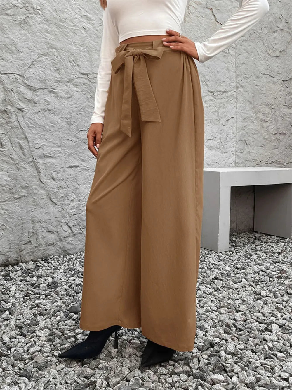 Pantalons larges à taille haute avec lien