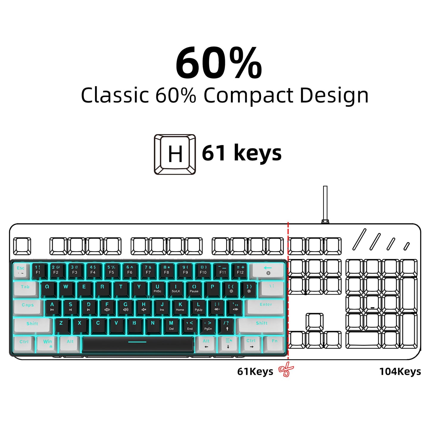 Mechanical keyboard 61 key short style small keyboard for office typing, black and white dual splicing ice blue backlit blue axis gaming keyboard - Korvel