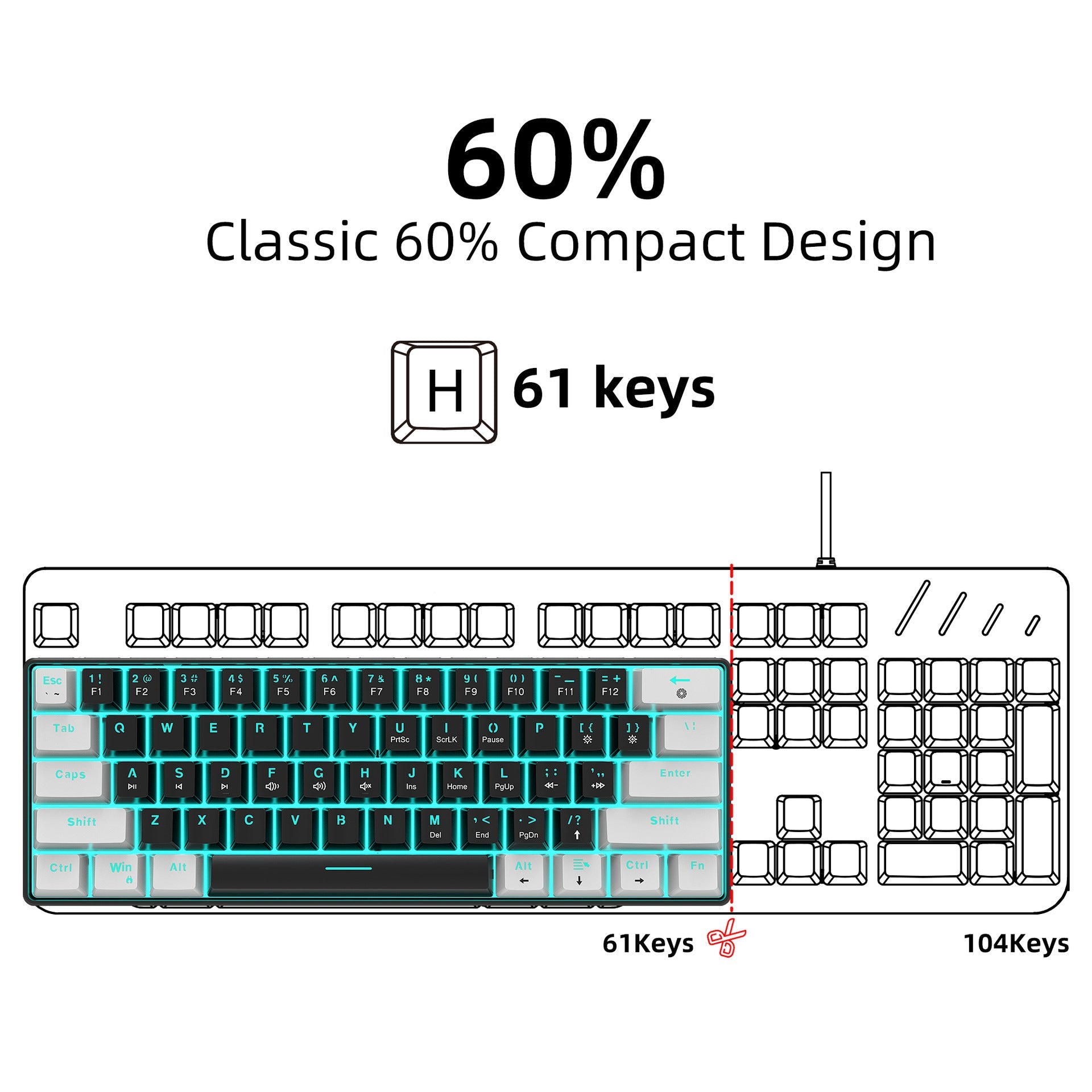Mechanical keyboard 61 key short style small keyboard for office typing, black and white dual splicing ice blue backlit blue axis gaming keyboard - Korvel