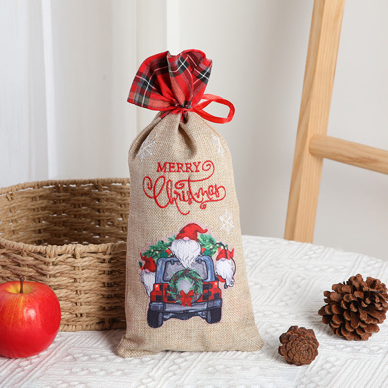 Christmas gift bag, letter printed Santa Claus home decoration, plaid linen red wine set - Korvel