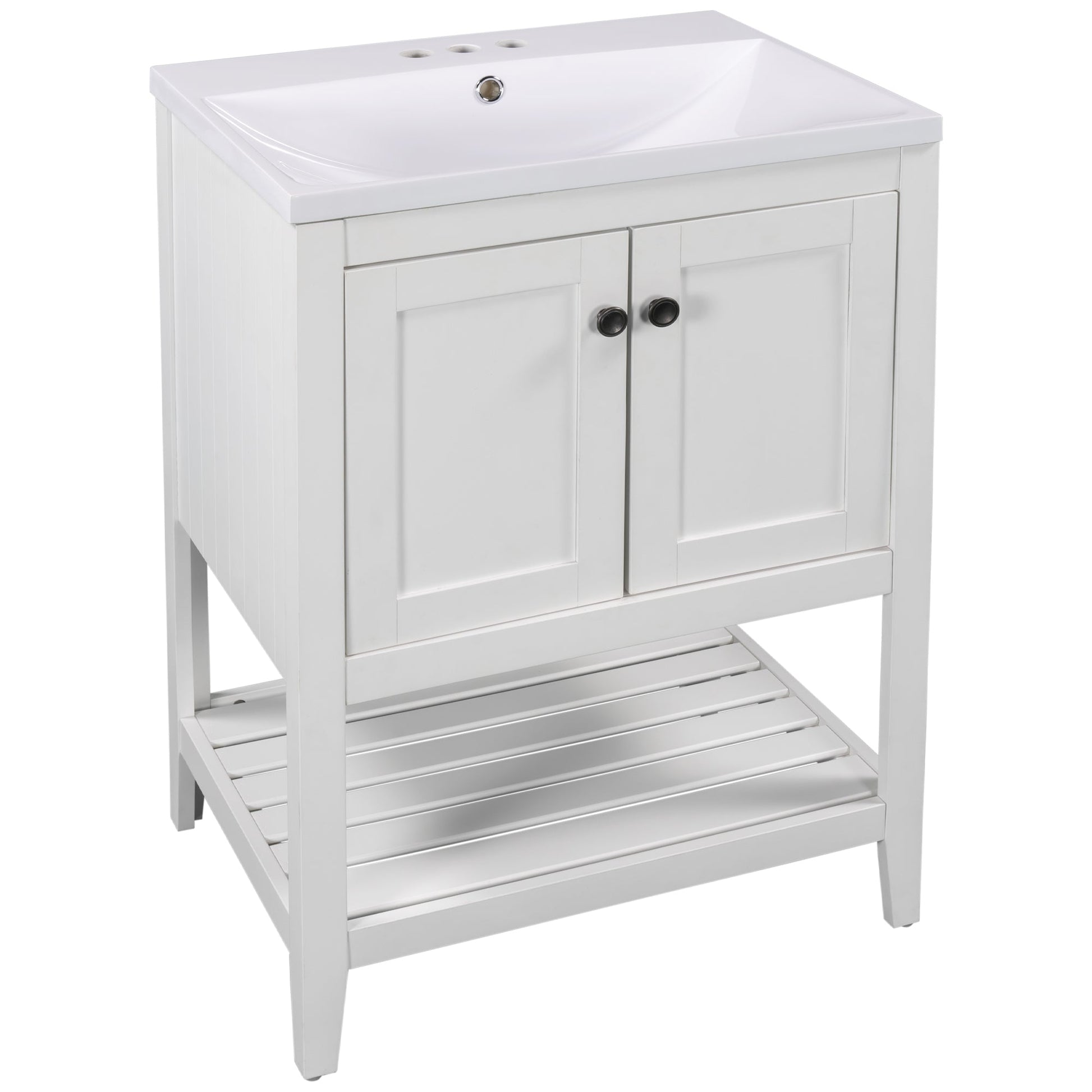 24" White Modern Sleek Bathroom Vanity Elegant Ceramic Sink with Solid Wood Frame Open Style Shelf - Korvel