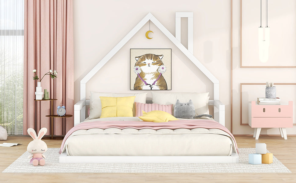 Full Size Wood Floor Bed with House-shaped Headboard  White - Korvel