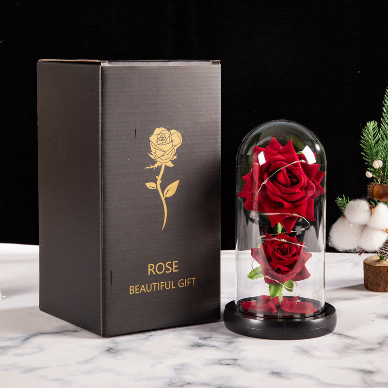 Christmas Valentine's Day Birthday Gift Two Roses Glass Cover Ornament LED Light Simulation Immortal Flower - Korvel